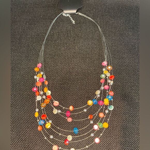 Multi Color Beaded Illusion Wire Collar Statement Necklace - Adjustable to 20” - Picture 2 of 3